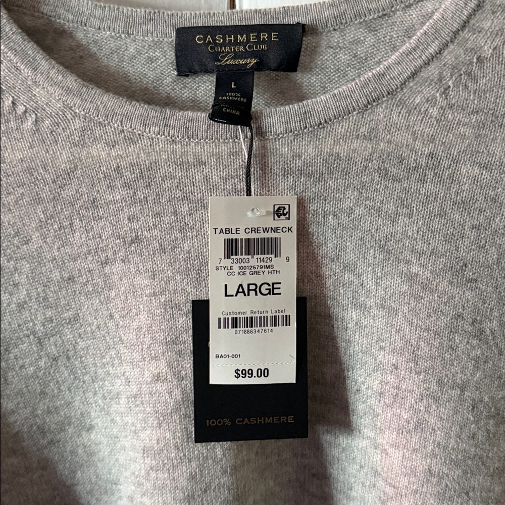 NWT. Charter Club Light Gray Crewneck Cashmere Sweater - Picture 2 of 5